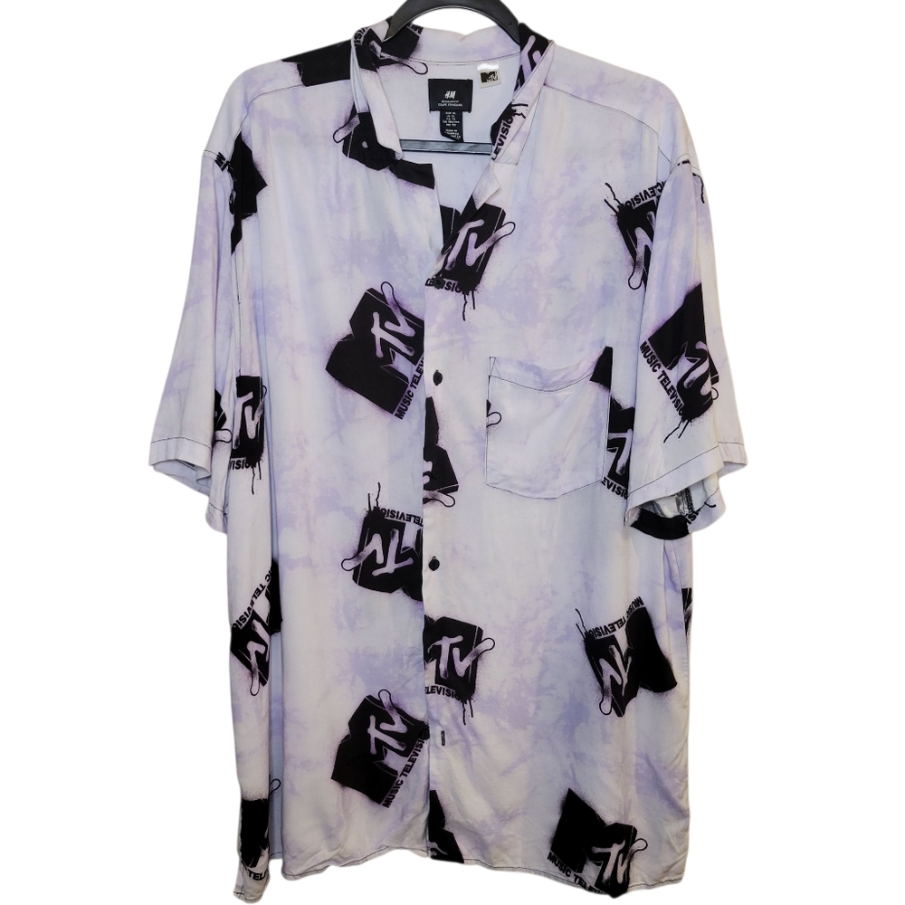 MTV H&M Short Sleeve Button Front Shirt All Over Print Men's Size XL
